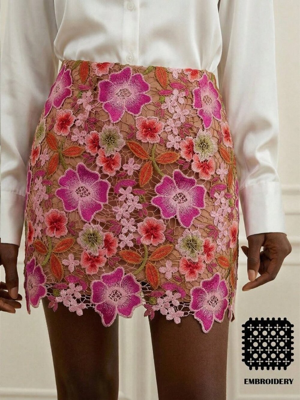 Pink Elegant Women's French Lace Floral High-Waisted Lace-Trimmed Skirt